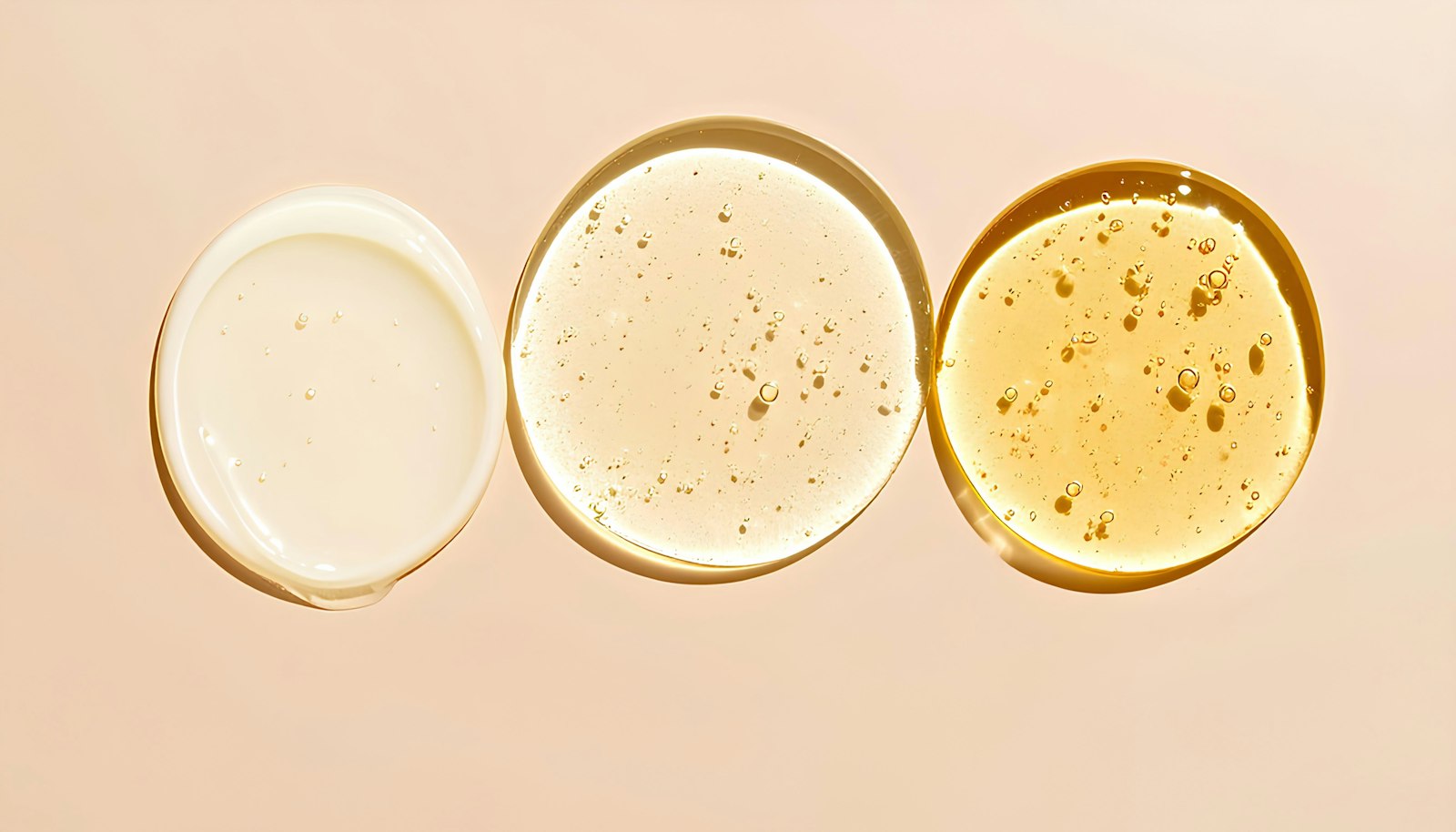 Gel, cream and oil textures in shallow round glass dishes on a beige surface