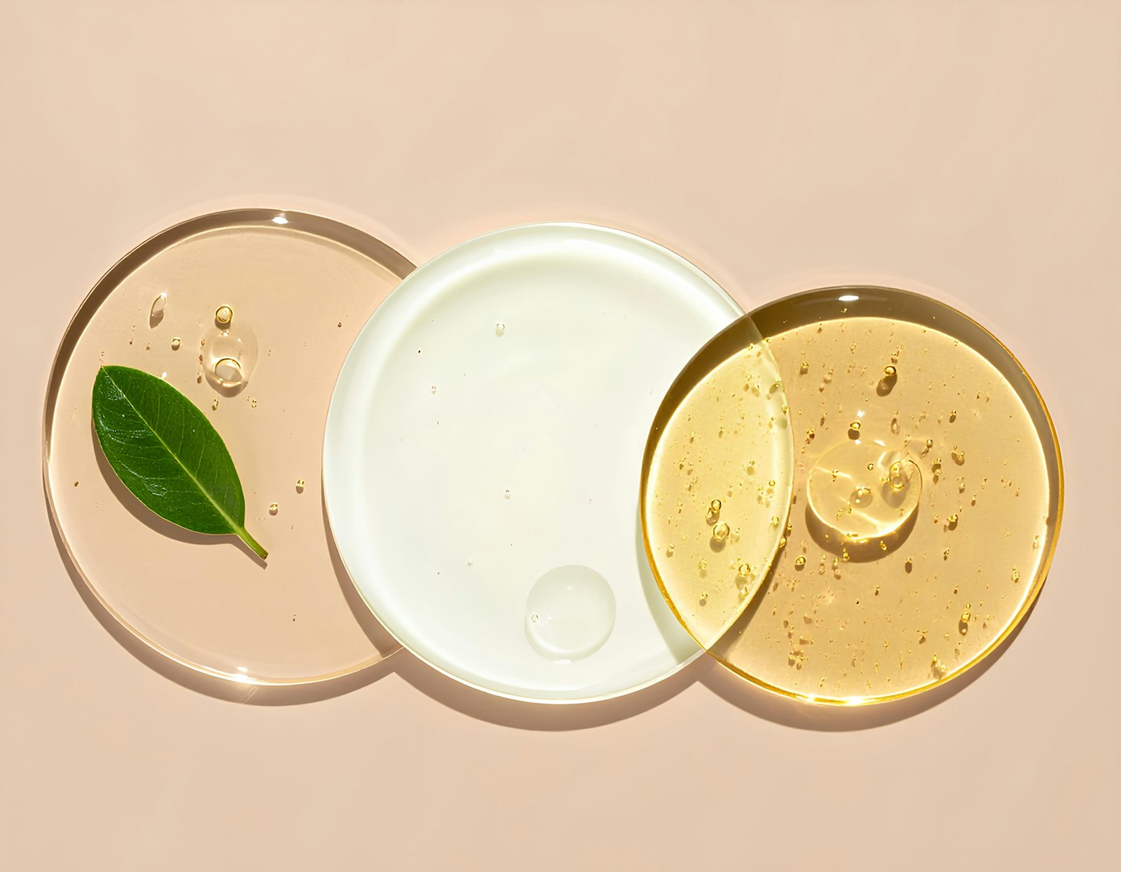 Skincare textures in round glass dishes beside a green leaf on a beige surface